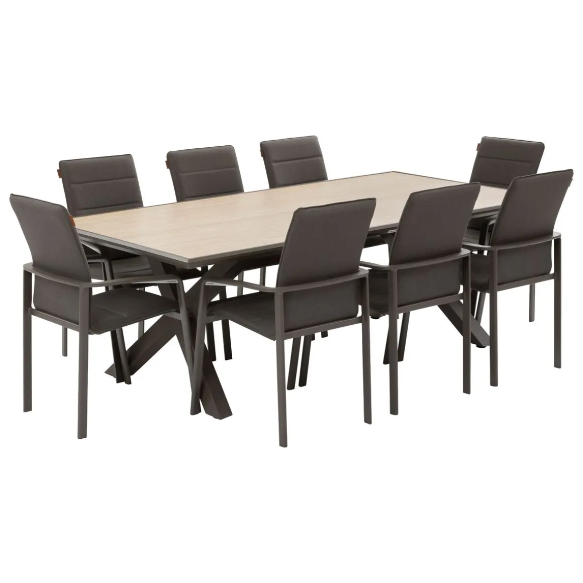 Ensemble table de jardin AXIOME Vanille & Marron + 8 fauteuils DIESE Praline