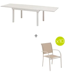 Ensemble table de jardin extensible + 10 fauteuils empilables PIAZZA Argile