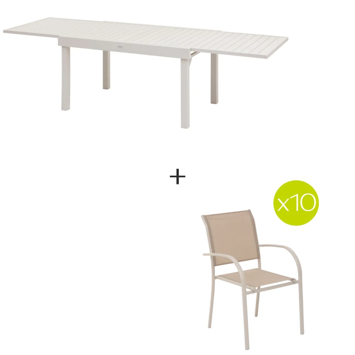 Ensemble table de jardin extensible + 10 fauteuils empilables PIAZZA Argile
