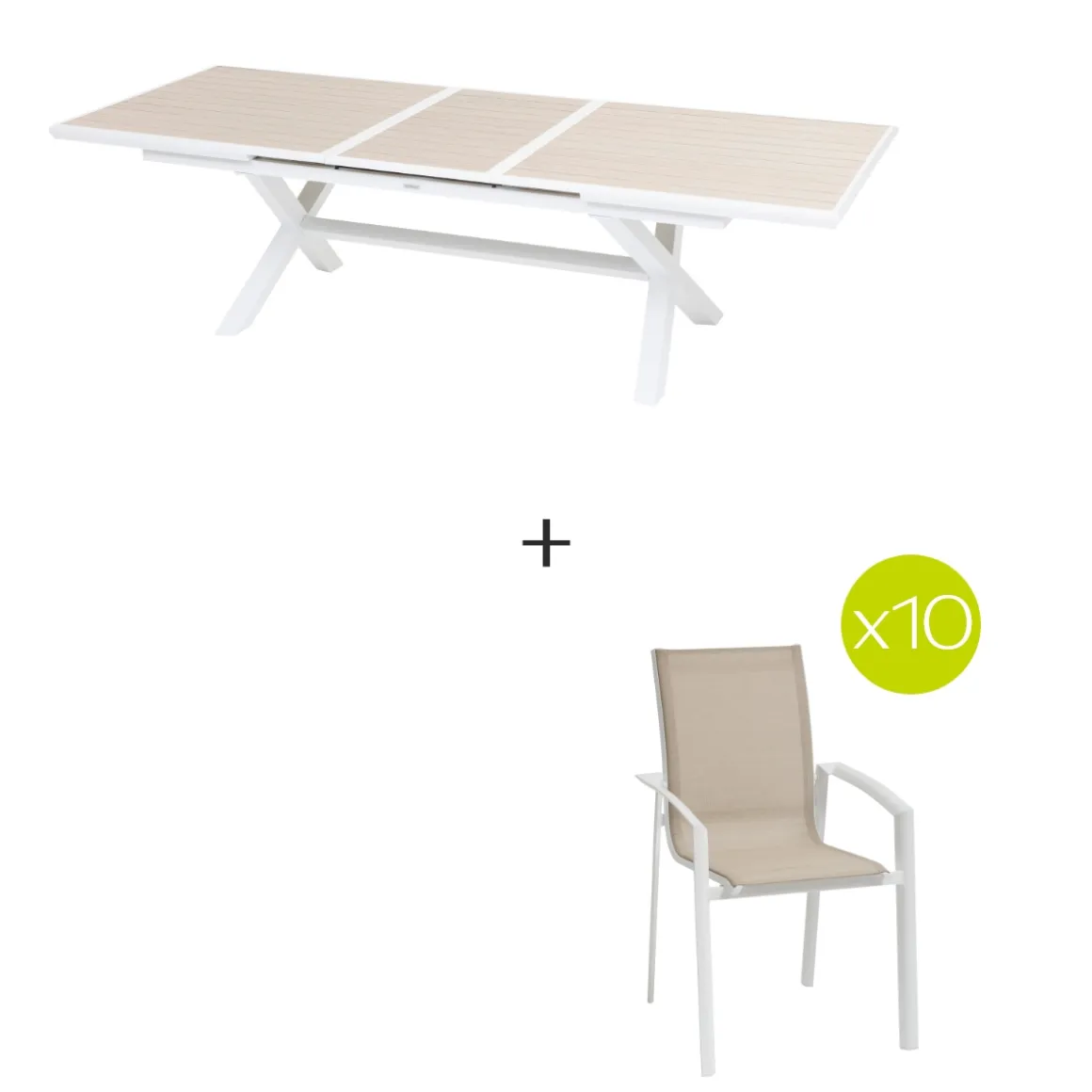 Ensemble table de jardin extensible AXIOME Effet bois + 10 fauteuils AXANT Lin & Blanc