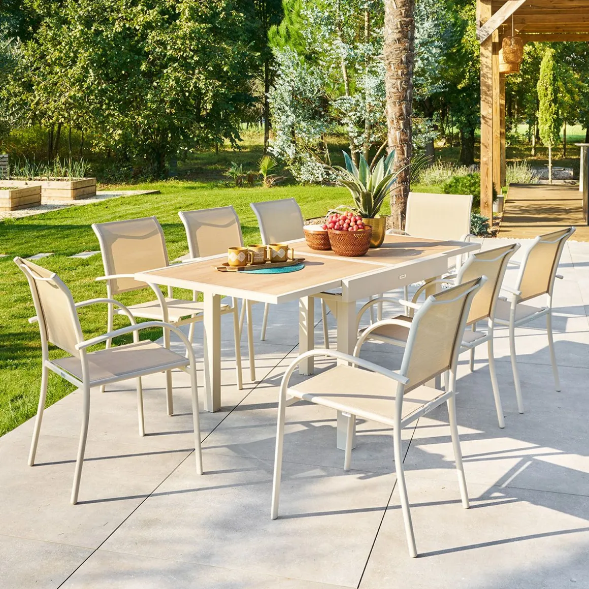 Ensemble table de jardin extensible PIAZZA + 8 fauteuils PIAZZA Épeautre & Argile