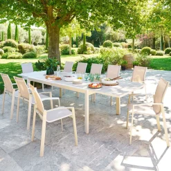 Ensemble table de jardin extensible EVASION + 12 fauteuils AXANT Lin & Argile