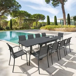 Ensemble table de jardin extensible + 10 fauteuils PIAZZA Graphite
