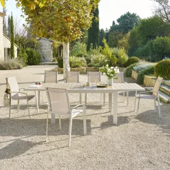 Ensemble table de jardin extensible ÉVASION + 10 fauteuils empilables AXANT Argile & Lin