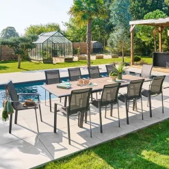 Ensemble table de jardin extensible PAVANE + 10 fauteuils AXANT Truffe & Graphite