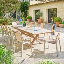 Ensemble table de jardin extensible AXIOME + 12 fauteuils ESSENTIA Argile