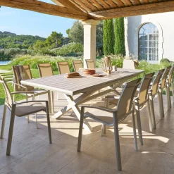 Ensemble table de jardin extensible AXIOME + 12 fauteuils empilables AXANT Lin & Argile
