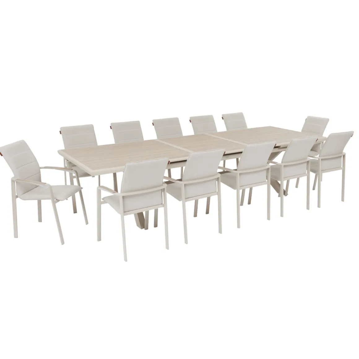 Ensemble table de jardin extensible AXIOME + 12 fauteuils empilables DIESE Argile