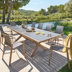 Ensemble table de jardin extensible AXIOME Honey & Graphite + 10 fauteuils empilables AXANT
