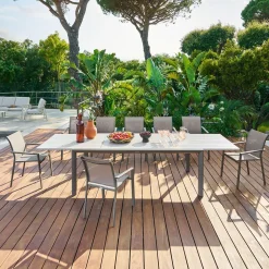Ensemble table de jardin extensible LUZANE + 12 fauteuils ESSENTIA Argile & Café