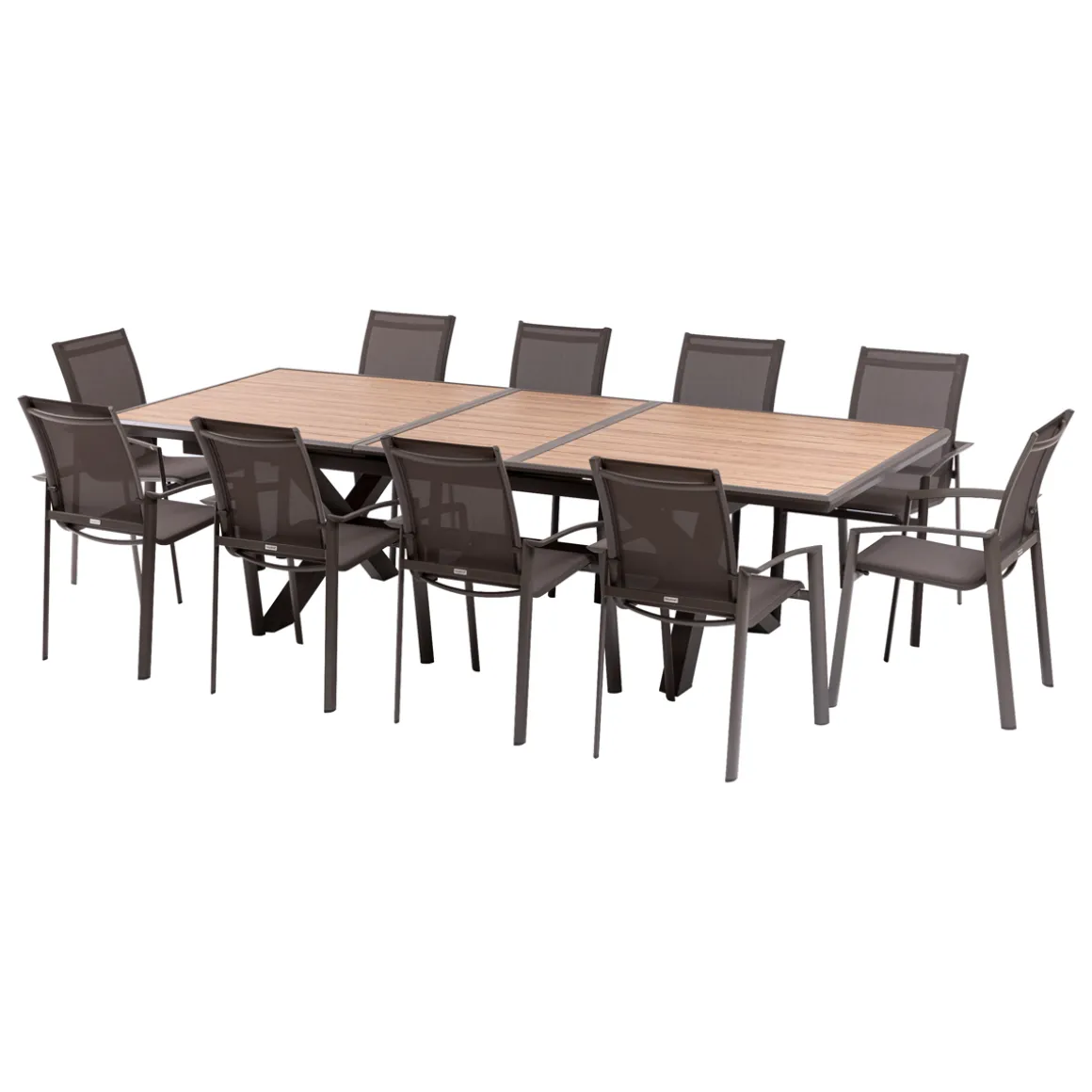 Ensemble table de jardin extensible AXIOME Effet bois honey + 10 fauteuils AXANT Praline