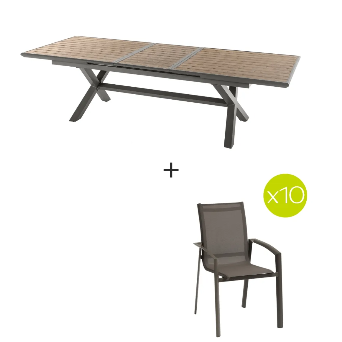Ensemble table de jardin extensible AXIOME Effet bois honey + 10 fauteuils AXANT Praline