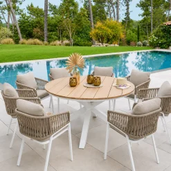 Ensemble table de jardin + 8 fauteuils ORIENGO Acacia / Blanc