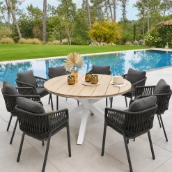Ensemble table de jardin + 8 fauteuils ORIENGO Acacia / Blanc