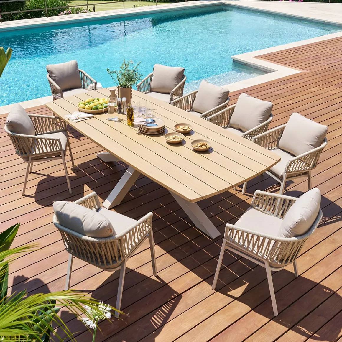 Ensemble table de jardin ORACLION + 10 fauteuils ORIENGO Noix & Argile