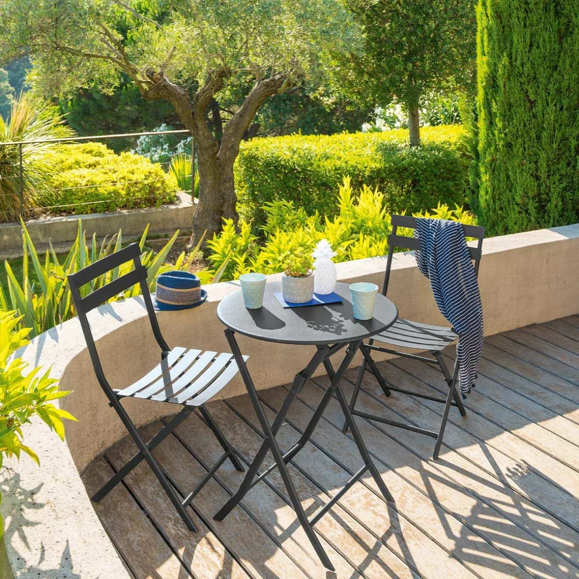 Ensemble table de jardin pliante ronde + 2 chaises GREENSBORO Graphite