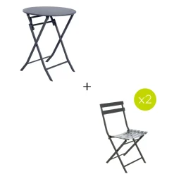 Ensemble table de jardin pliante ronde + 2 chaises GREENSBORO Graphite