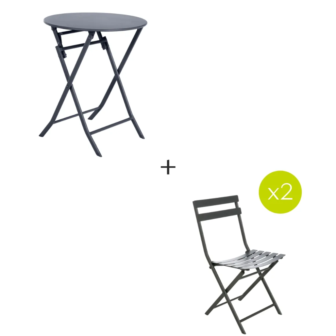 Ensemble table de jardin pliante ronde + 2 chaises GREENSBORO Graphite