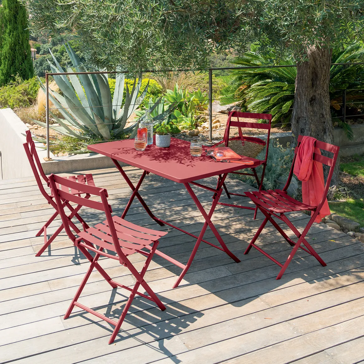Ensemble table de jardin pliante rectangulaire + 4 chaises GREENSBORO Groseille