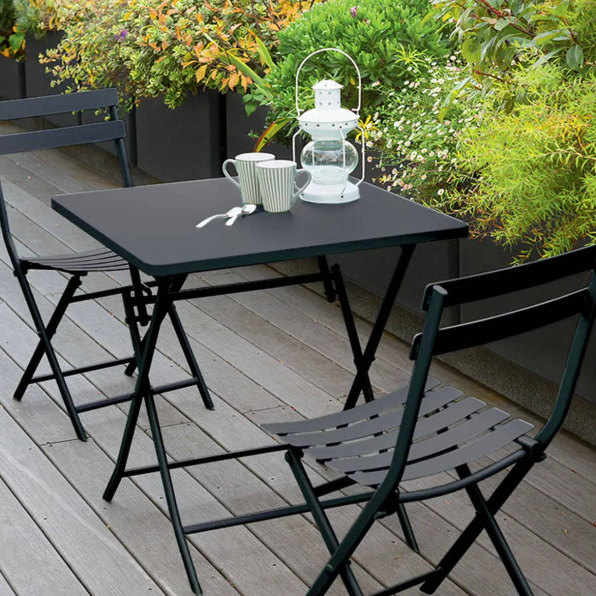 Ensemble table de jardin pliante carrée + 2 chaises GREENSBORO Graphite