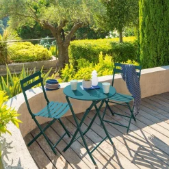 Ensemble table de jardin pliante ronde + 2 chaises GREENSBORO Bleu canard