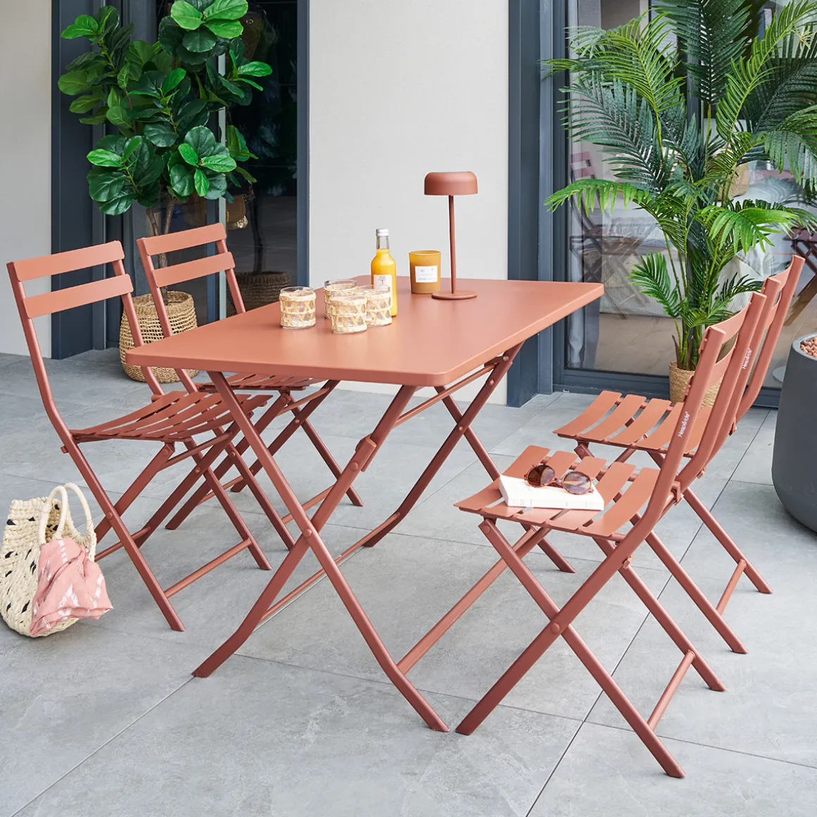 Ensemble table de jardin pliante rectangle + 4 chaises GREENSBORO Acajou