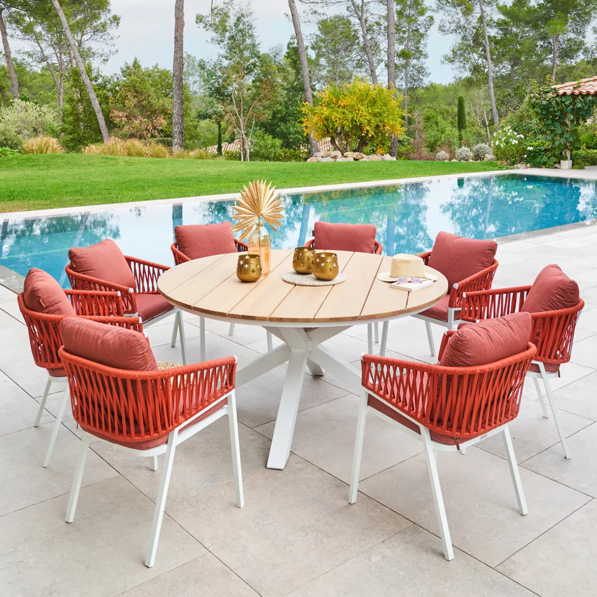 Ensemble table de jardin ronde + 8 fauteuils ORIENGO Acacia & Blanc