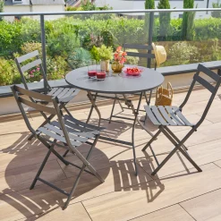 Ensemble table de jardin ronde + 4 chaises empilables GREENSBORO Graphite