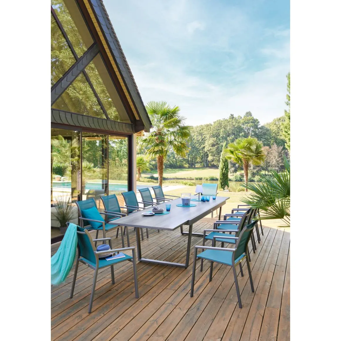 Fauteuil de jardin empilable ESSENTIA Bleu canard / Graphite