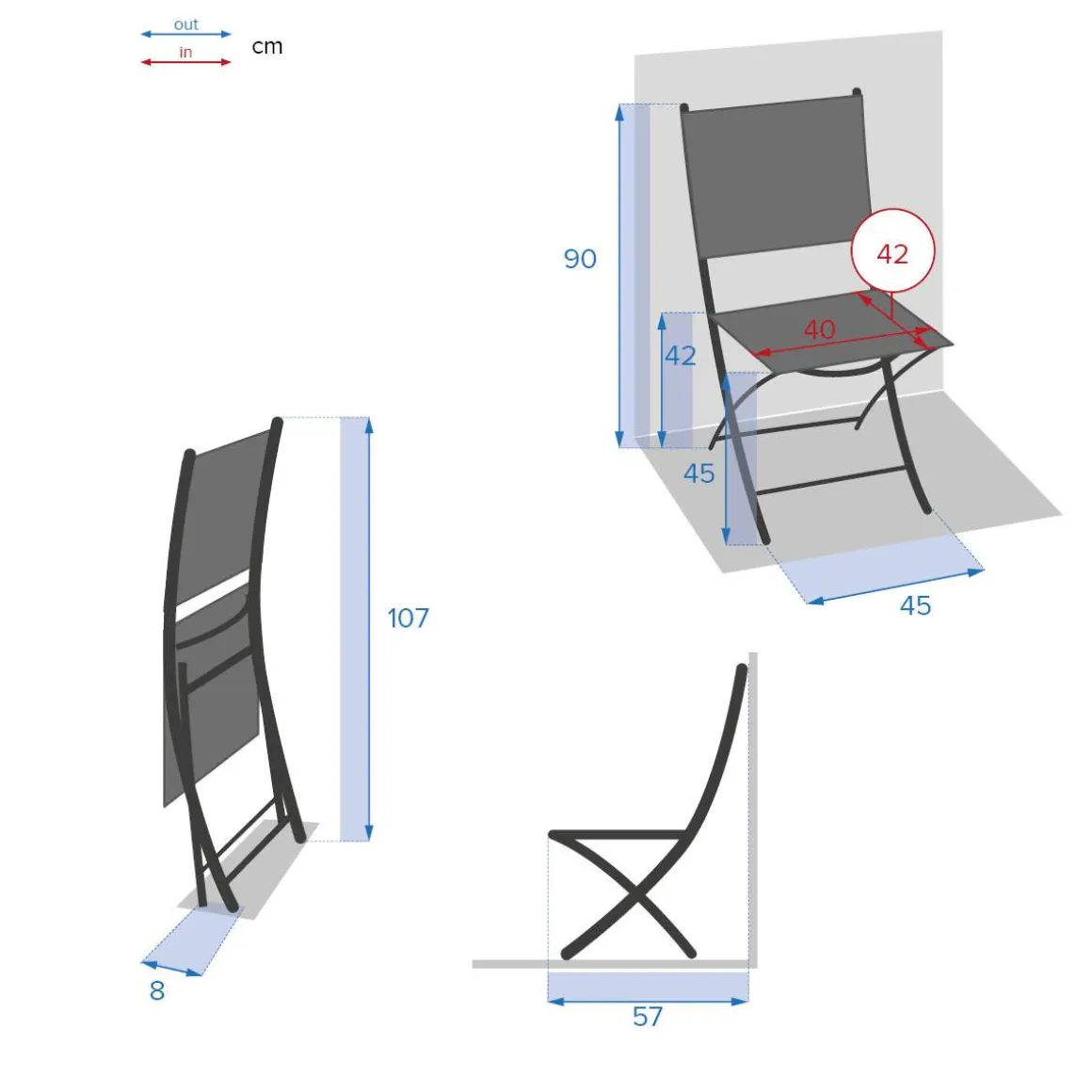 Lot de 4 chaises de jardin pliantes ESSENTIA Bleu canard & Graphite