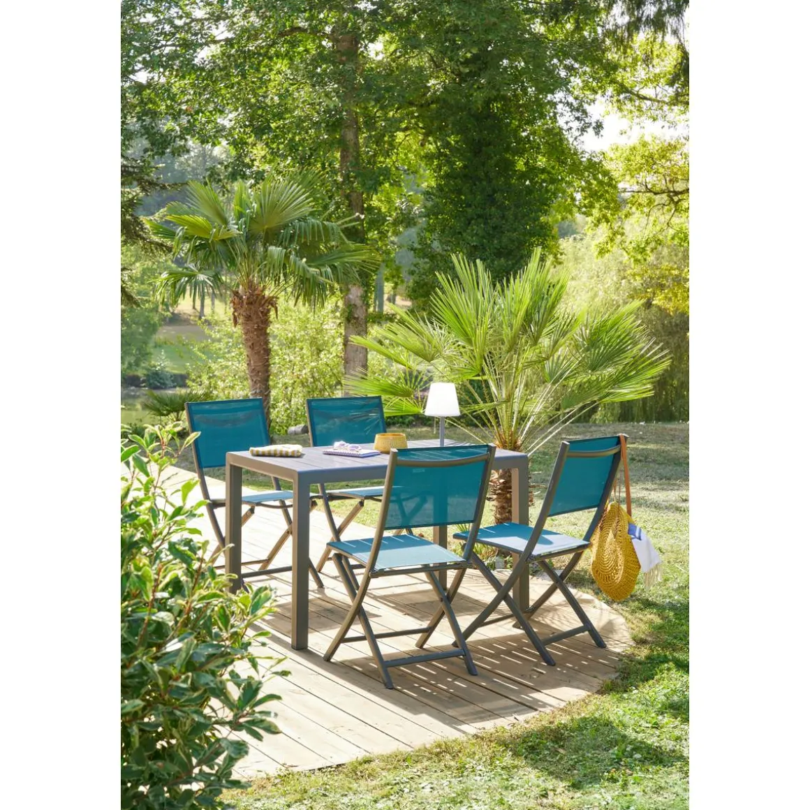 Lot de 4 chaises de jardin pliantes ESSENTIA Bleu canard & Graphite