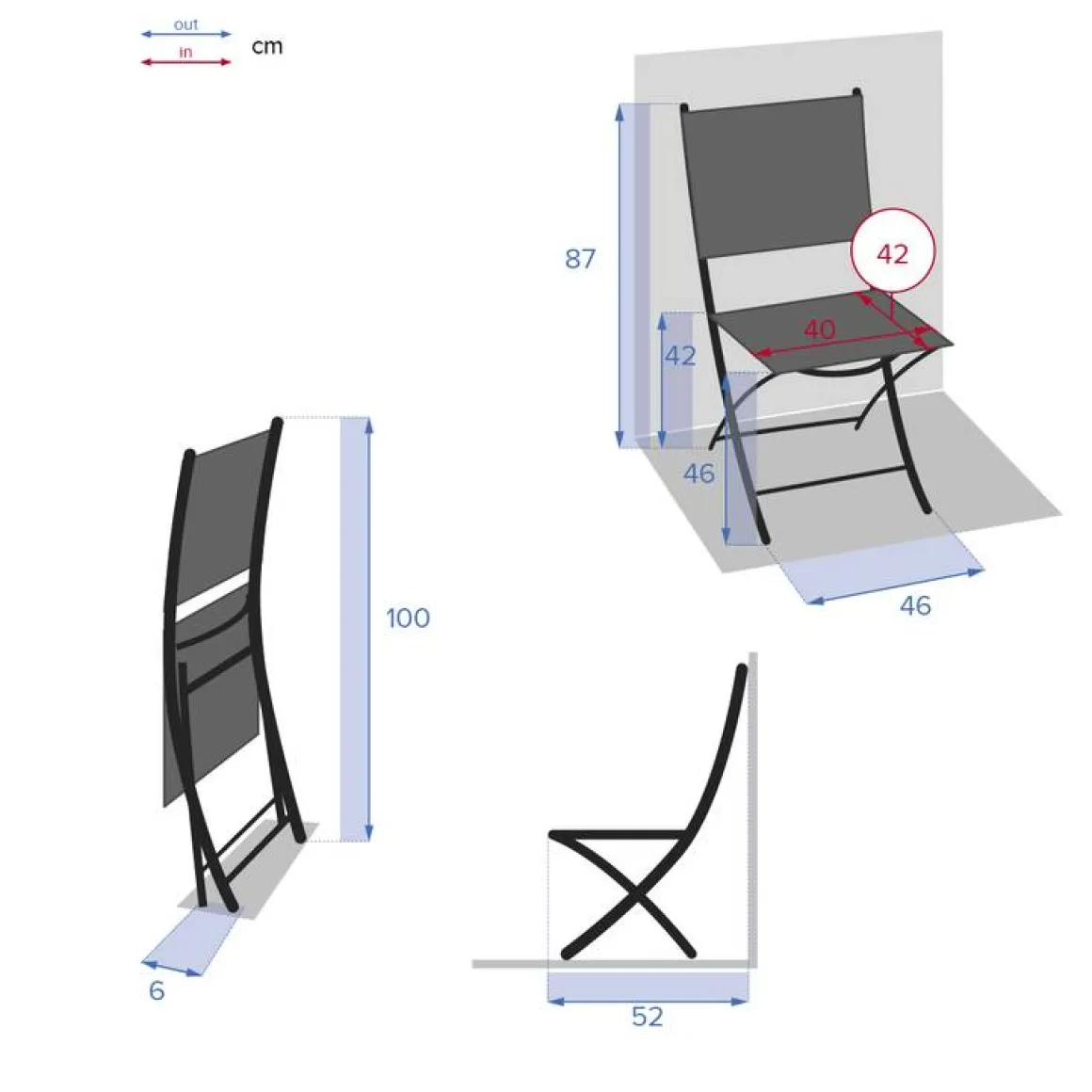 Lot de 4 chaises de jardin pliantes MODULA Bleu canard & Graphite