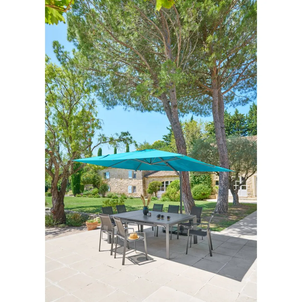 Parasol déporté rectangulaire inclinable MELHIA Bleu canard / Graphite