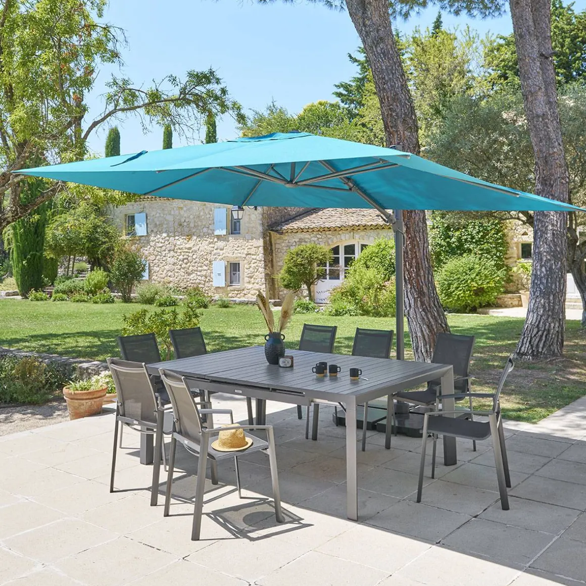Parasol déporté rectangulaire inclinable MELHIA Bleu canard / Graphite