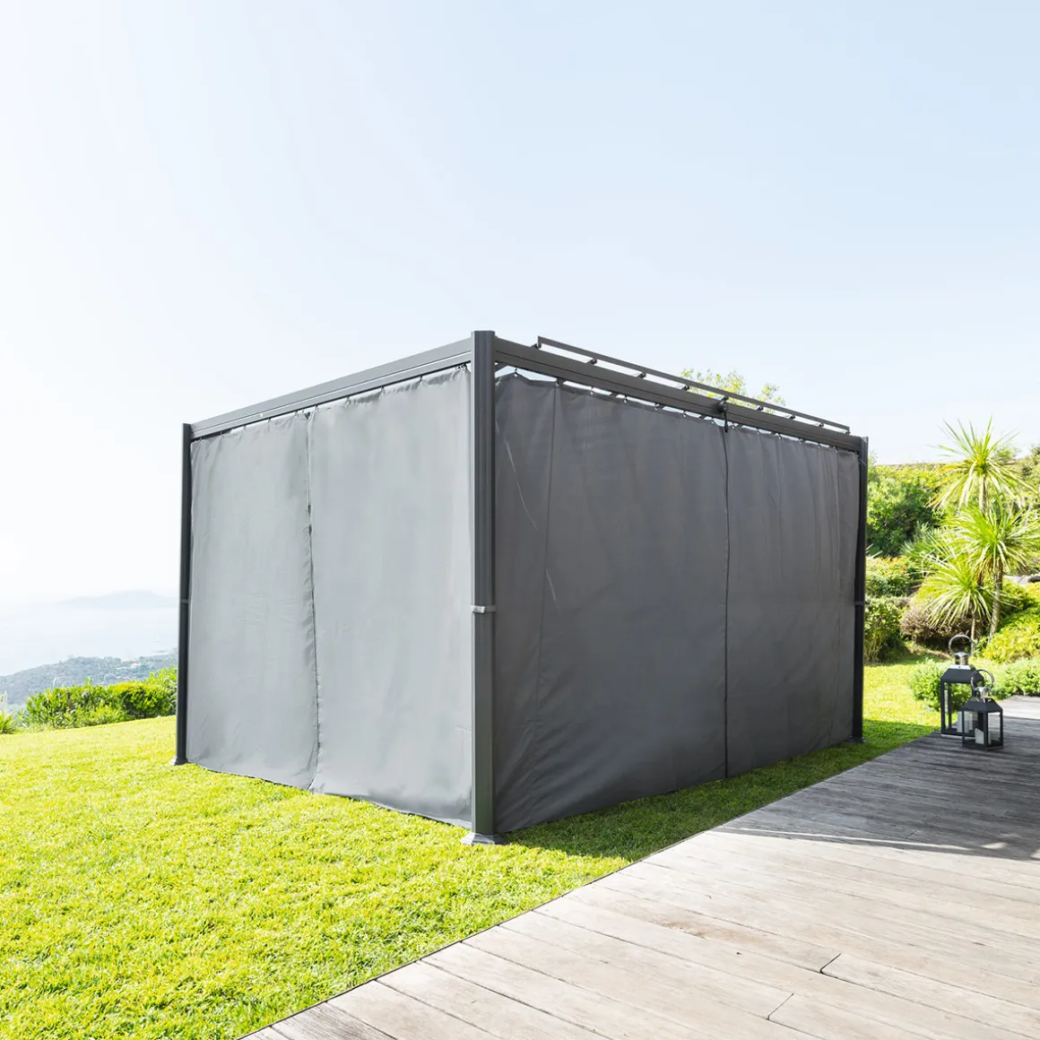 Pergola BELIZE Graphite + 1 kit de rideaux Ardoise