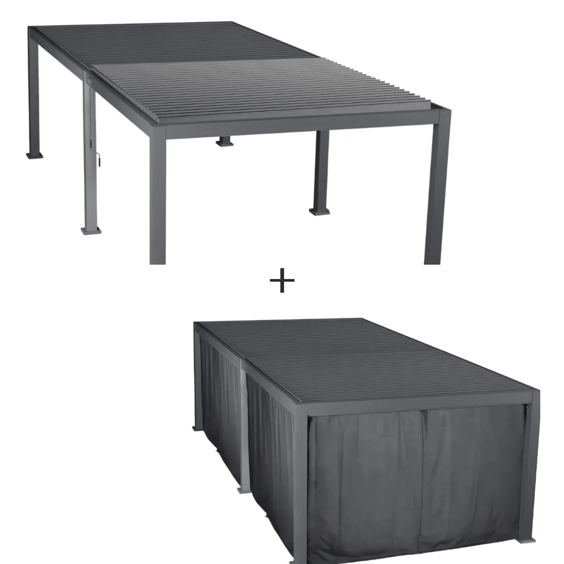 Pergola bioclimatique EVORA Graphite + 1 kit rideaux et moustiquaires