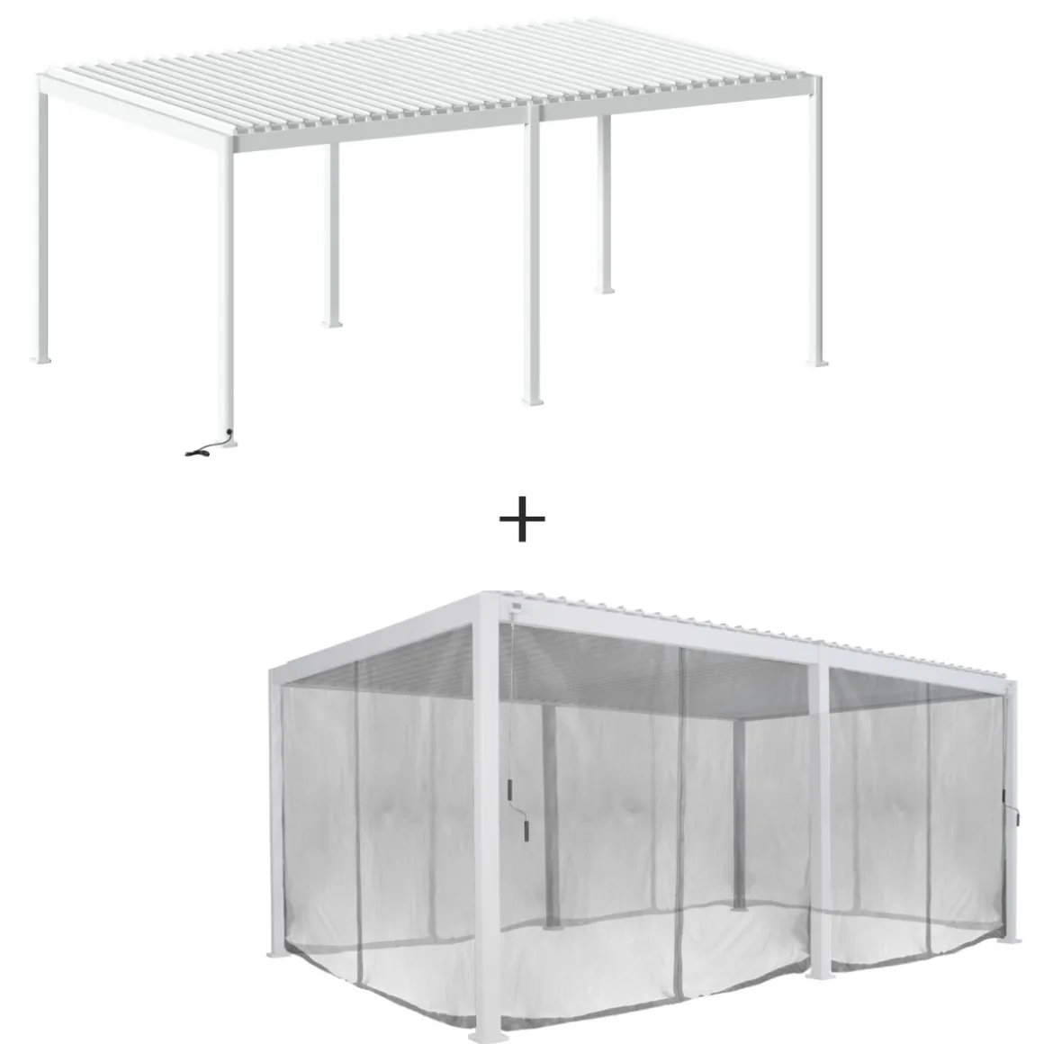 Pergola bioclimatique électrique EVORA blanc + 1 kit de rideaux, moustiquaires et rails