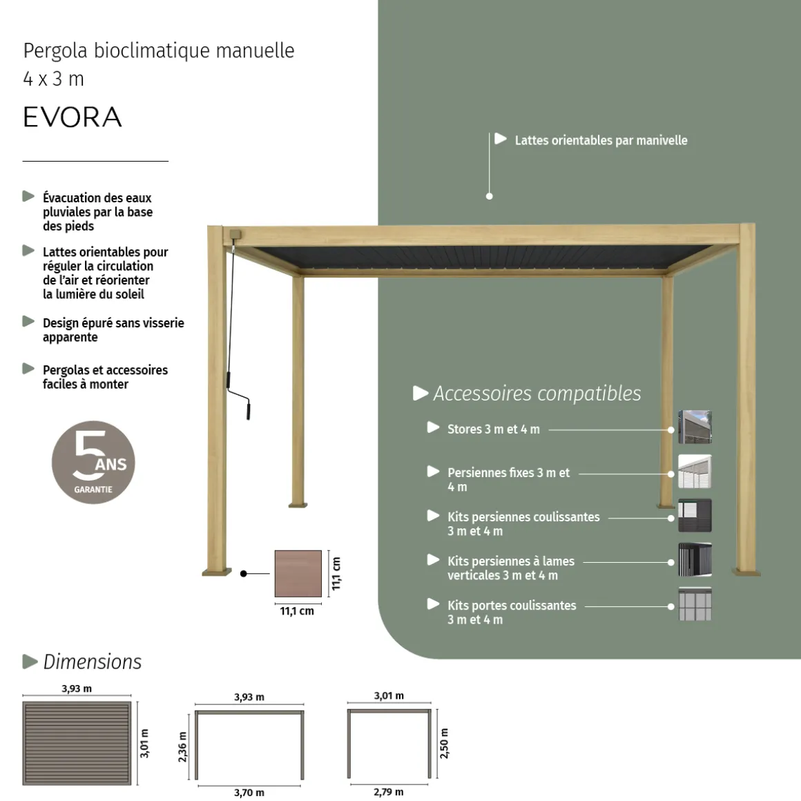 Pergola bioclimatique manuelle EVORA Effet bois Honey