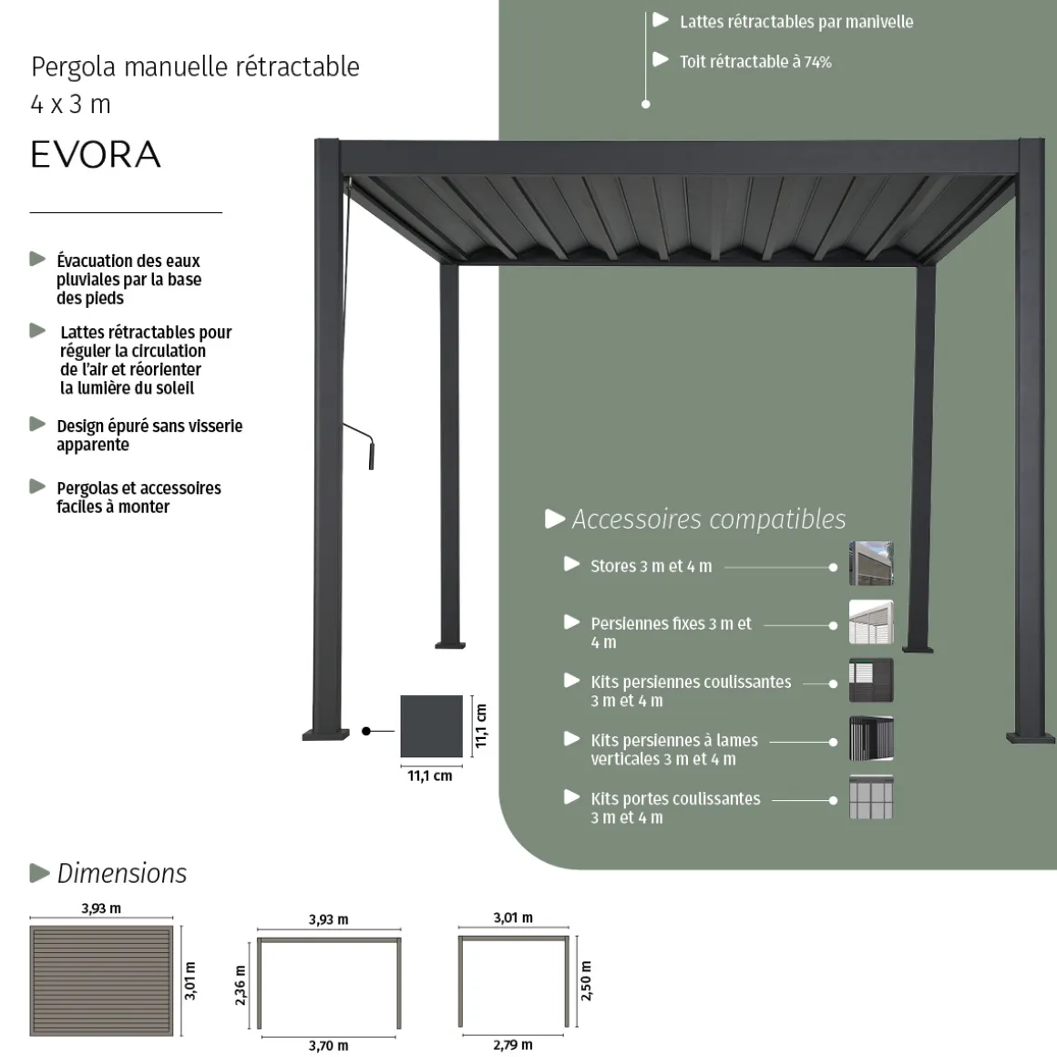 Pergola bioclimatique rétractable EVORA Gris