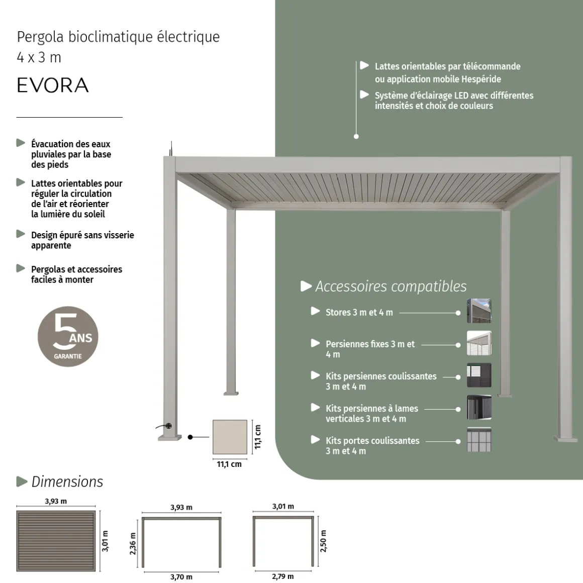 Pergola électrique bioclimatique autoportante EVORA Argile