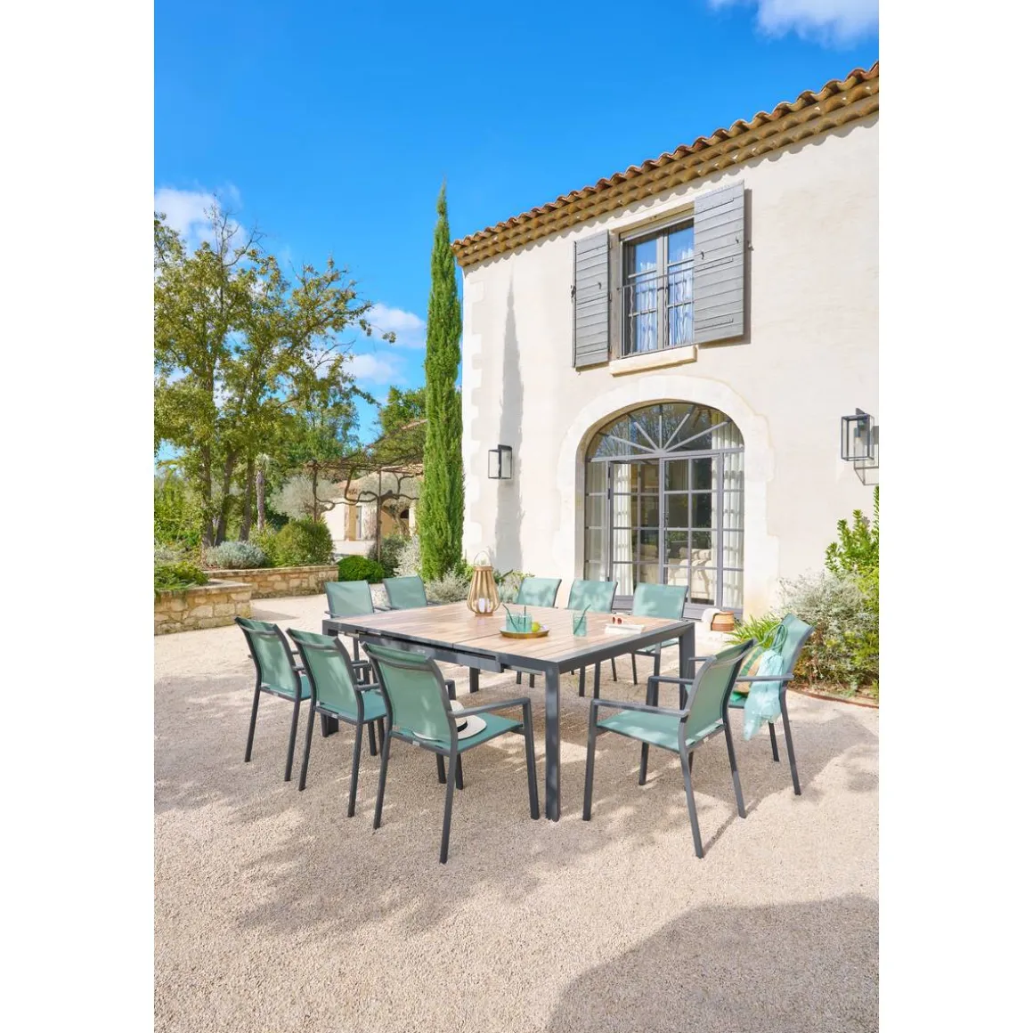 Table de jardin carré EVASION Effet bois Honey / Graphite