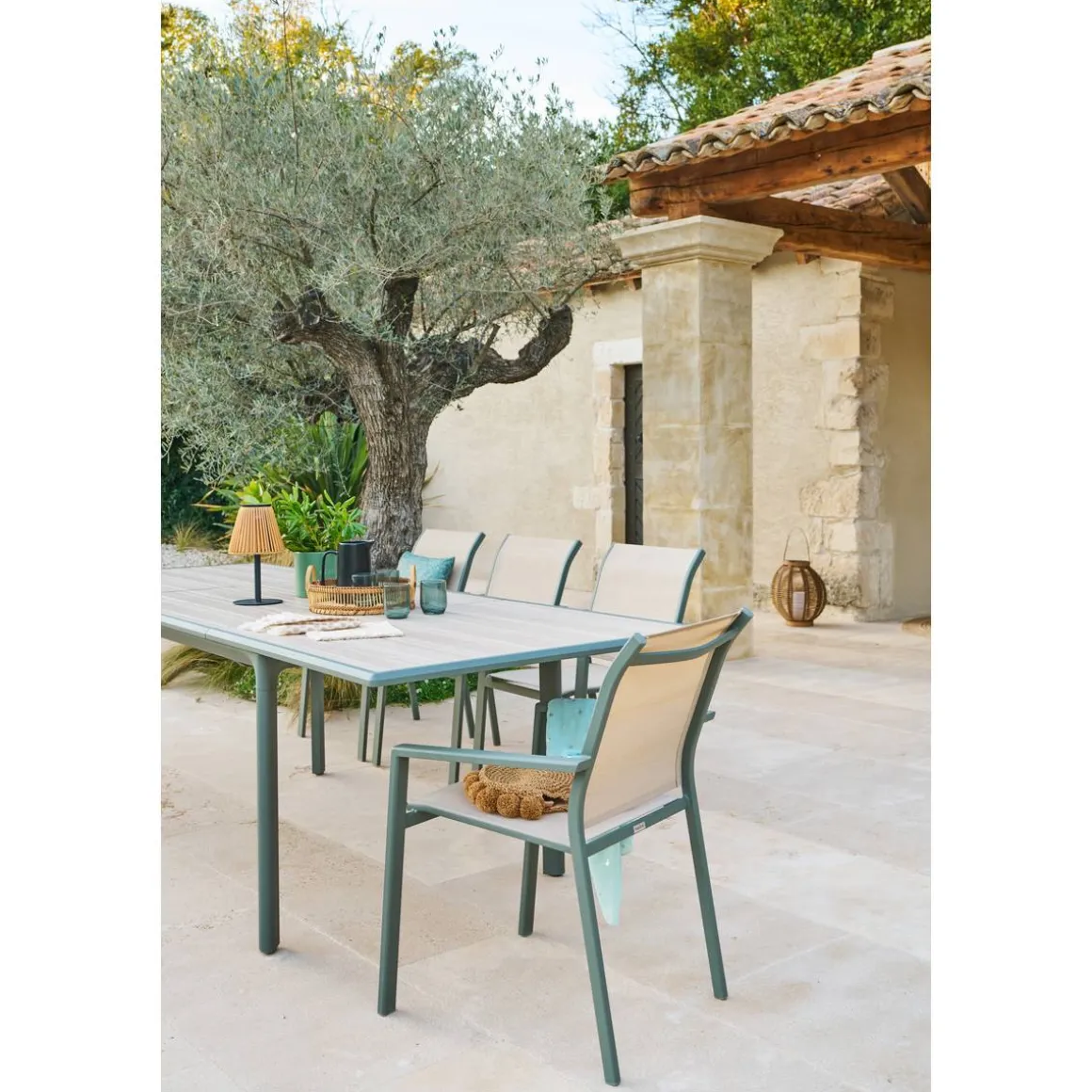 Table de jardin DILORS Effet bois Lin & Vert laurier