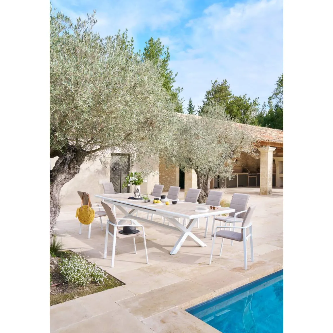 Table de jardin extensible AXIOME Effet bois Lin & Blanc
