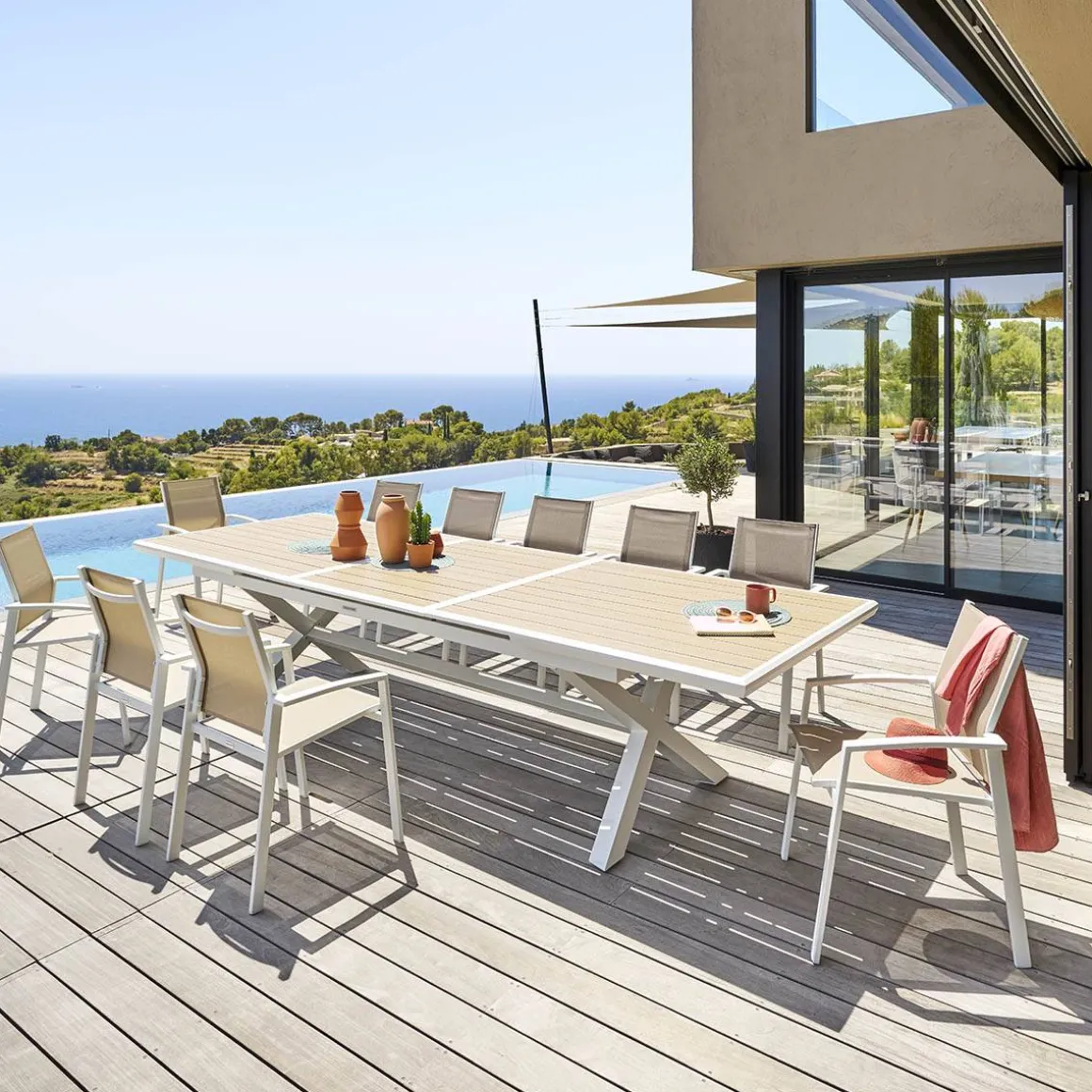 Table de jardin extensible AXIOME Effet bois Lin & Blanc