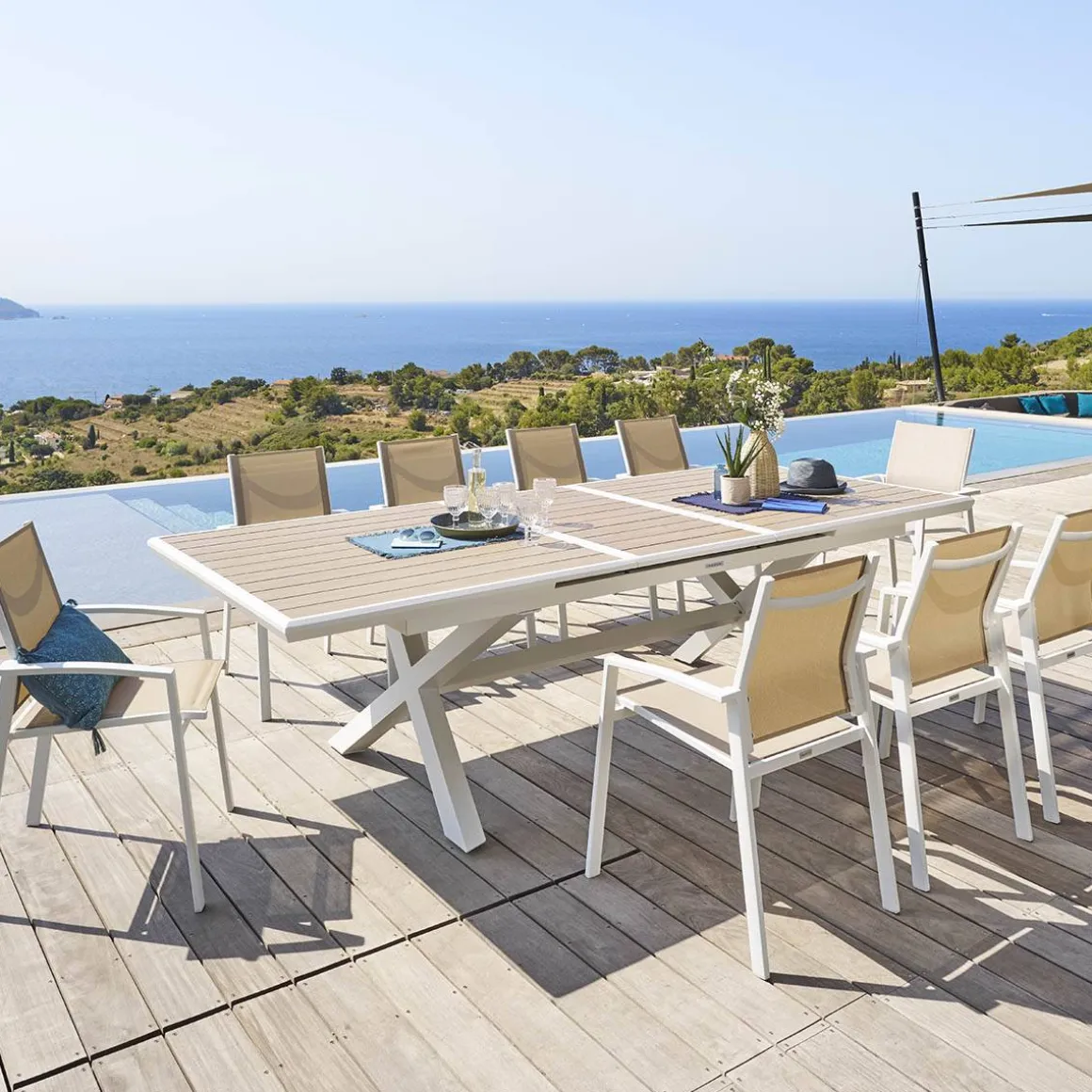 Table de jardin extensible AXIOME Effet bois Lin & Blanc