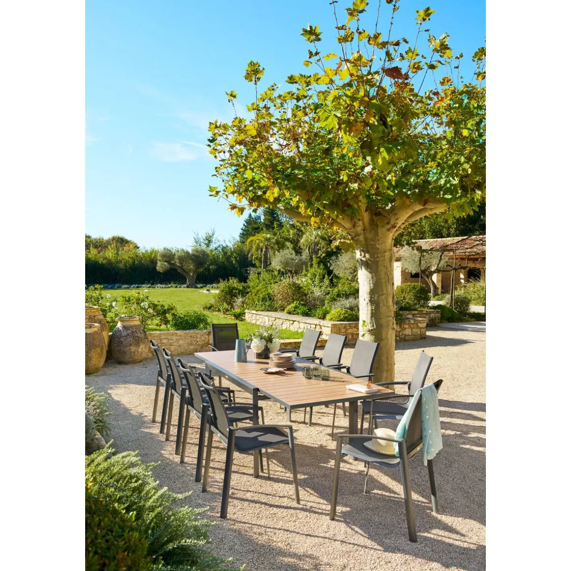Table de jardin extensible coulissante ÉVASION Effet bois Honey & Graphite