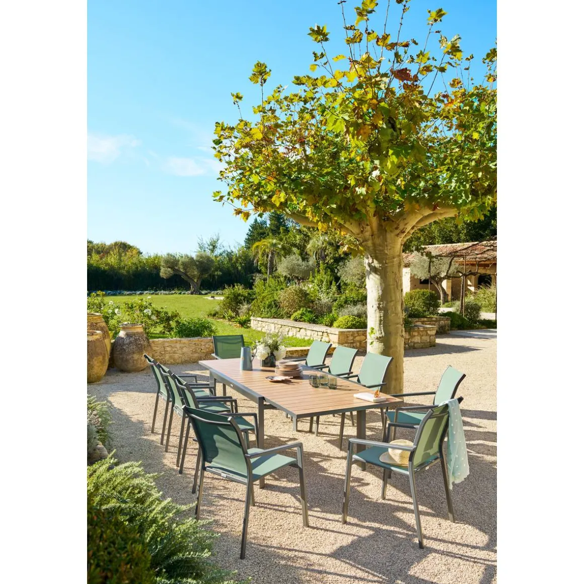 Table de jardin extensible coulissante ÉVASION Effet bois Honey & Graphite