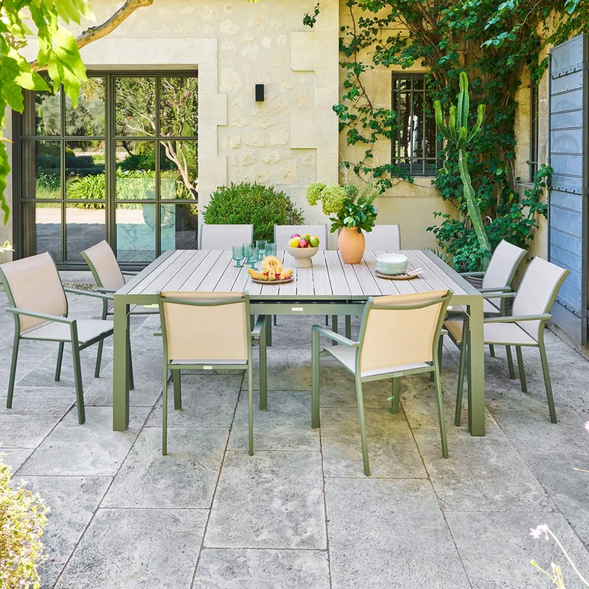Table de jardin extensible rectangulaire EVASION Lin / Vert laurier