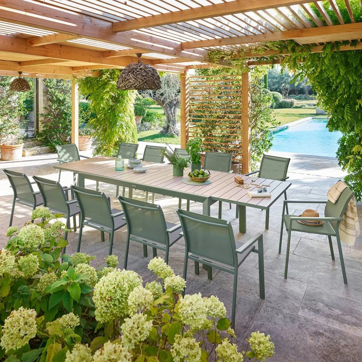 Table de jardin extensible rectangulaire EVASION Lin / Vert laurier
