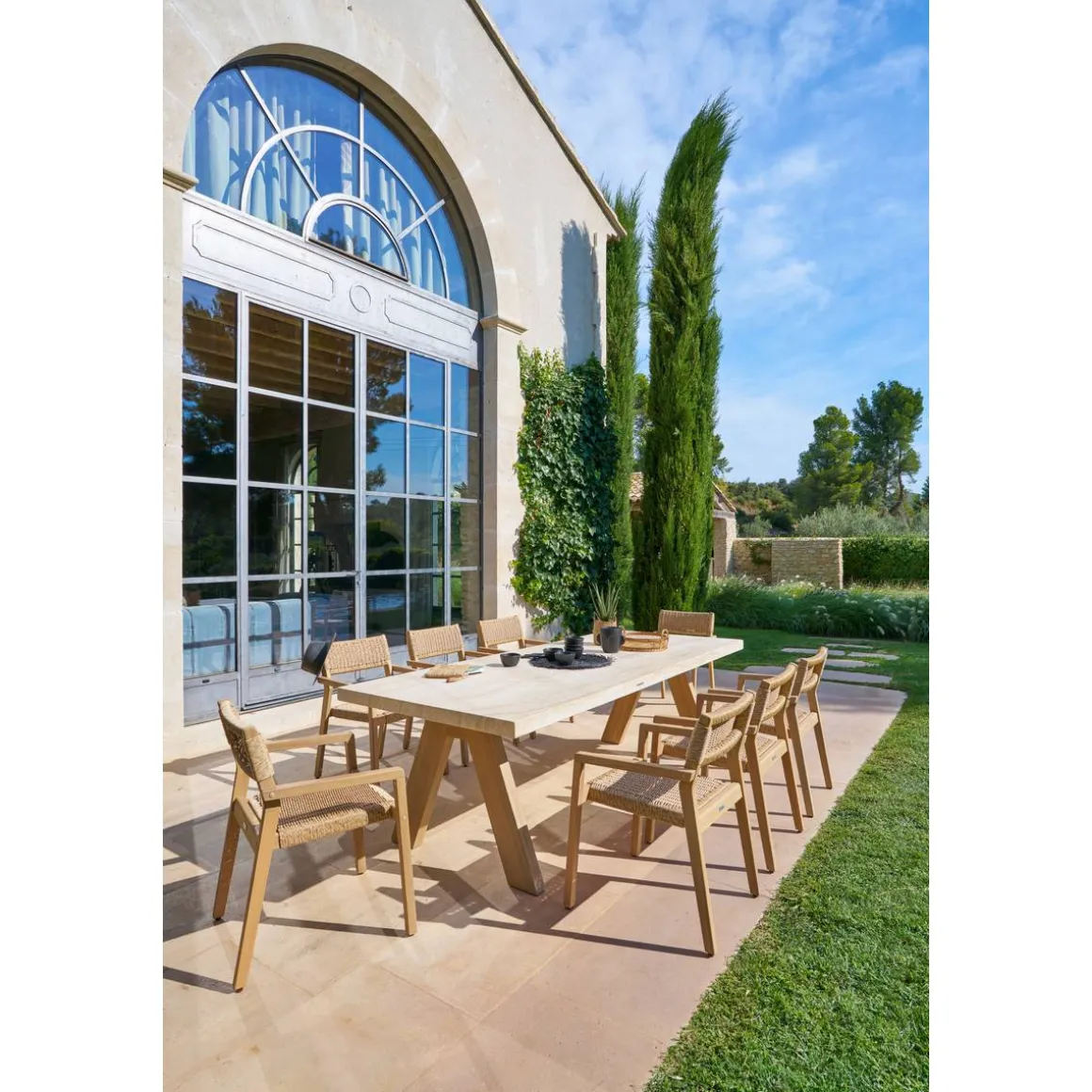 Table de jardin rectangulaire VENIZIA Effet travertin & Acacia